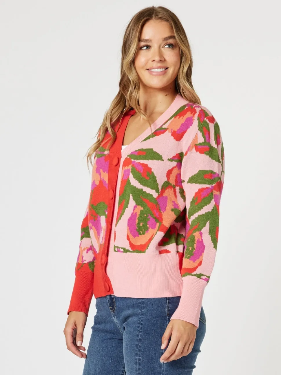 Bloom Floral Print Knit Cardigan - Pink/Multi