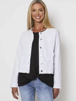 Collarless Denim Jacket - White