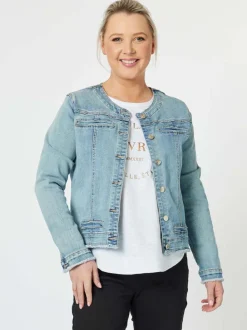 Collarless Denim Jacket - Denim