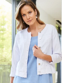 Collarless Denim Jacket - White