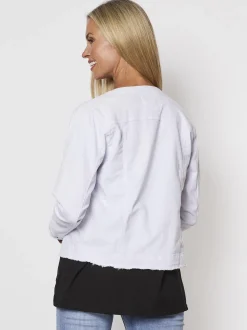 Collarless Denim Jacket - White
