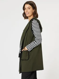 Cosy Contrast Detail Hooded Vest - Khaki