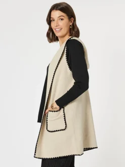 Cosy Contrast Detail Hooded Vest - Natural