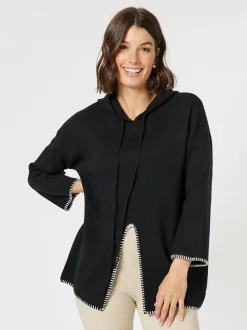 Cosy Hooded Split Front Knit - Black