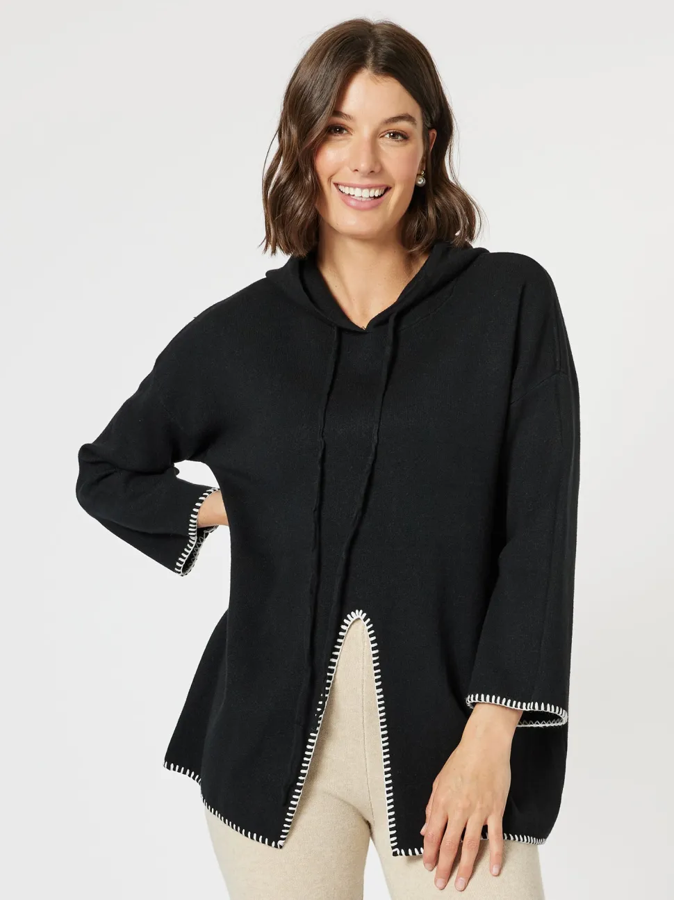Cosy Hooded Split Front Knit - Black