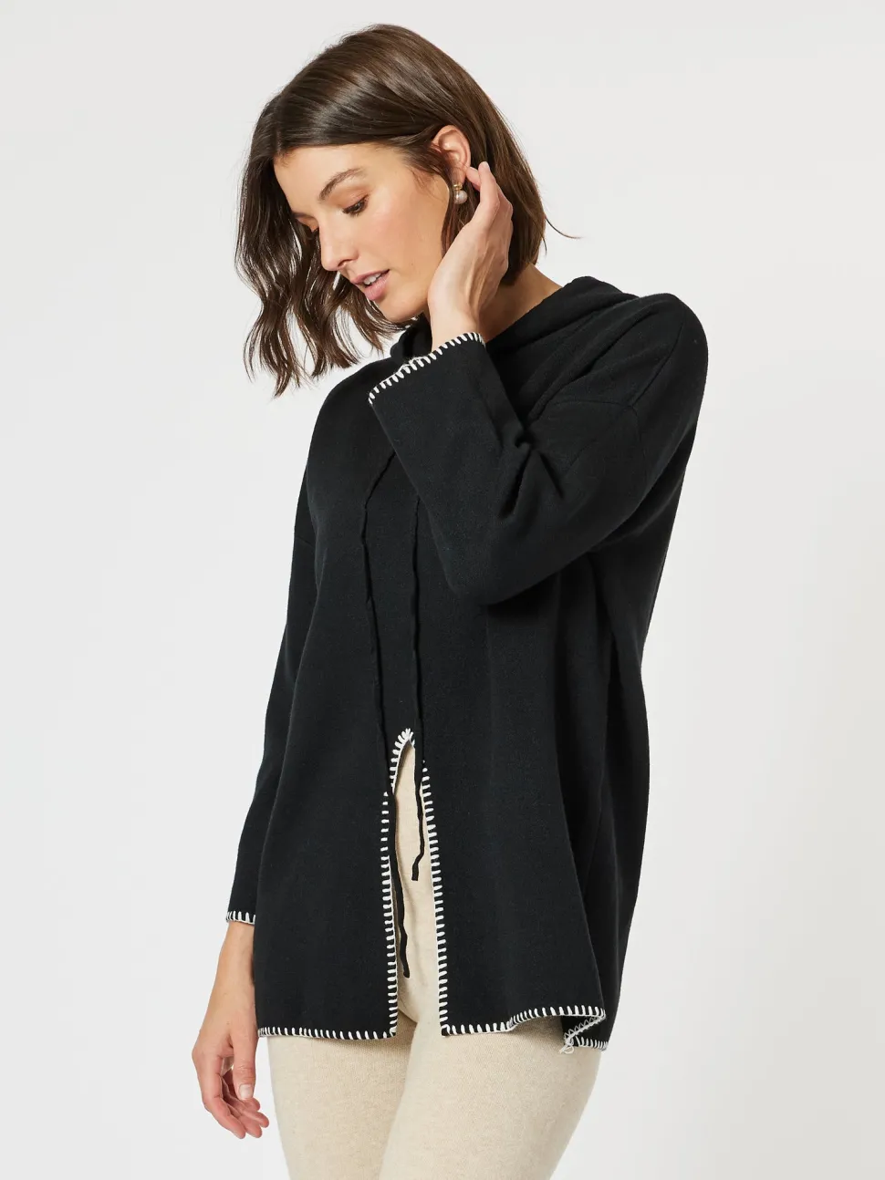 Cosy Hooded Split Front Knit - Black