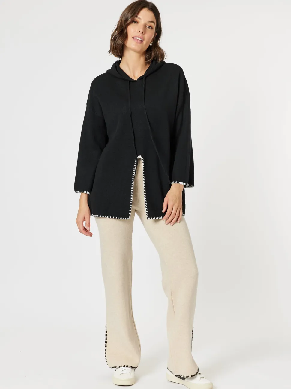 Cosy Hooded Split Front Knit - Black