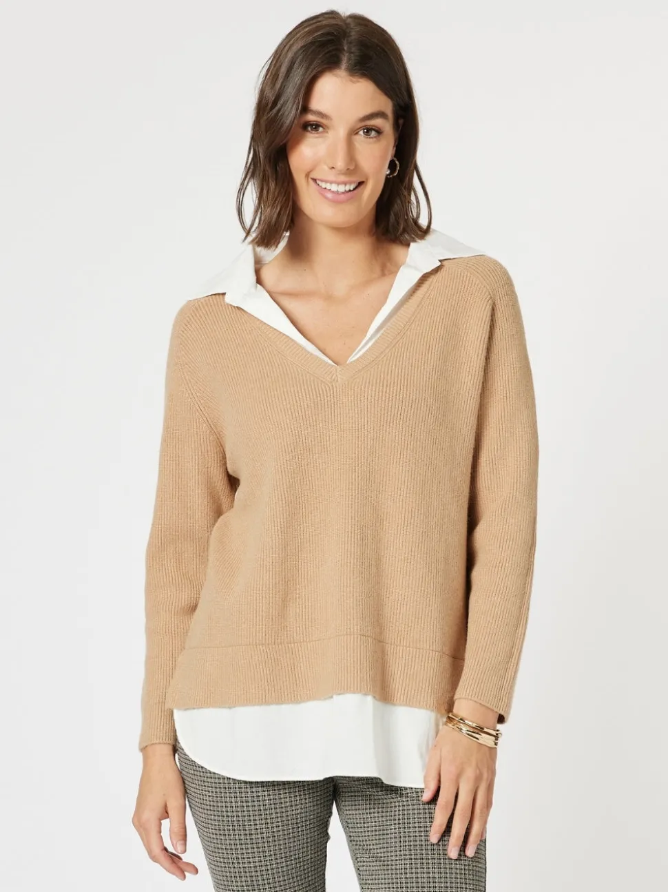 Deux V Neck Knit - Caramel