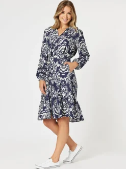 Emily Print Button Dress - Navy/White