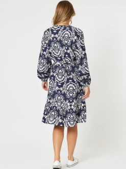 Emily Print Button Dress - Navy/White