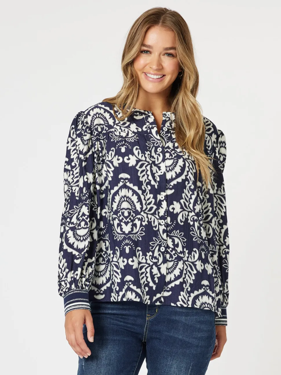 Emily Print Top - Navy/White