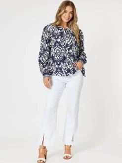 Emily Print Top - Navy/White