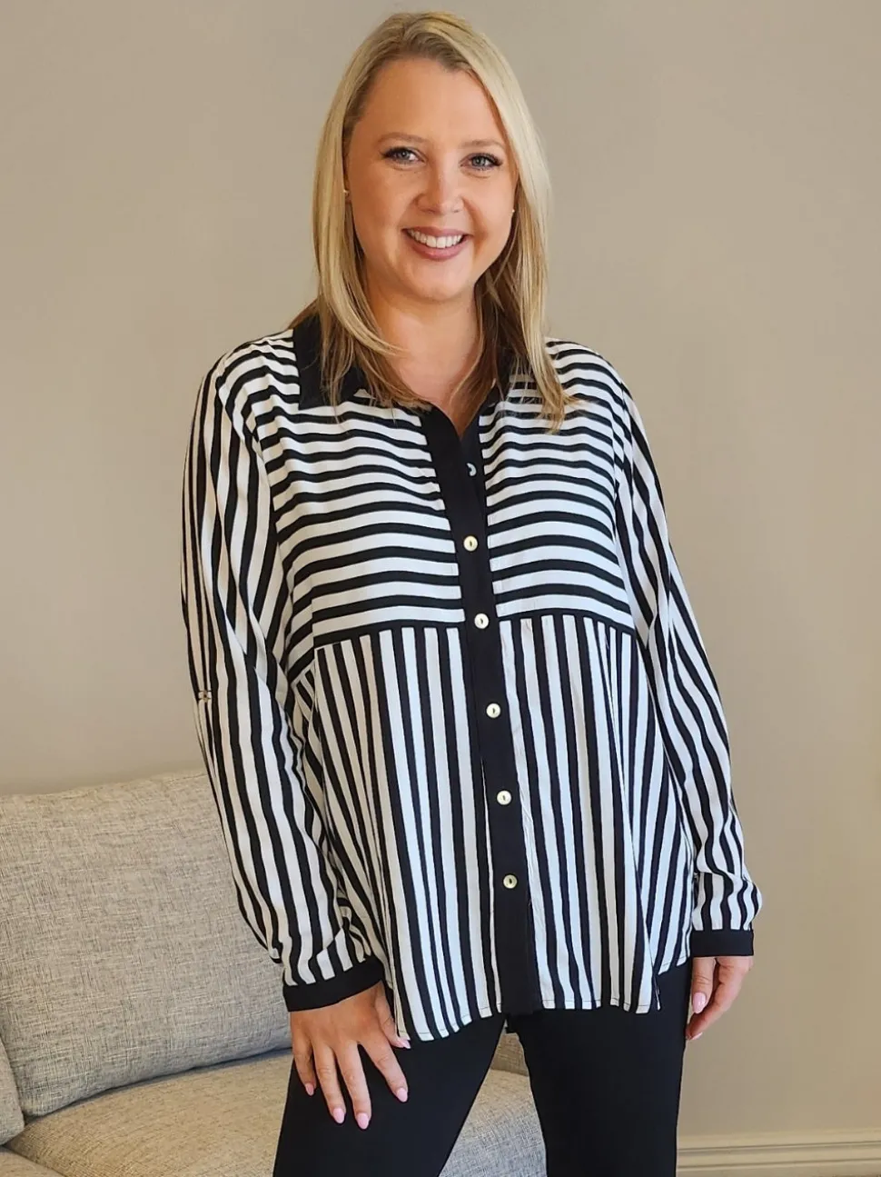 Emmie Stripe Print Shirt - Black/White