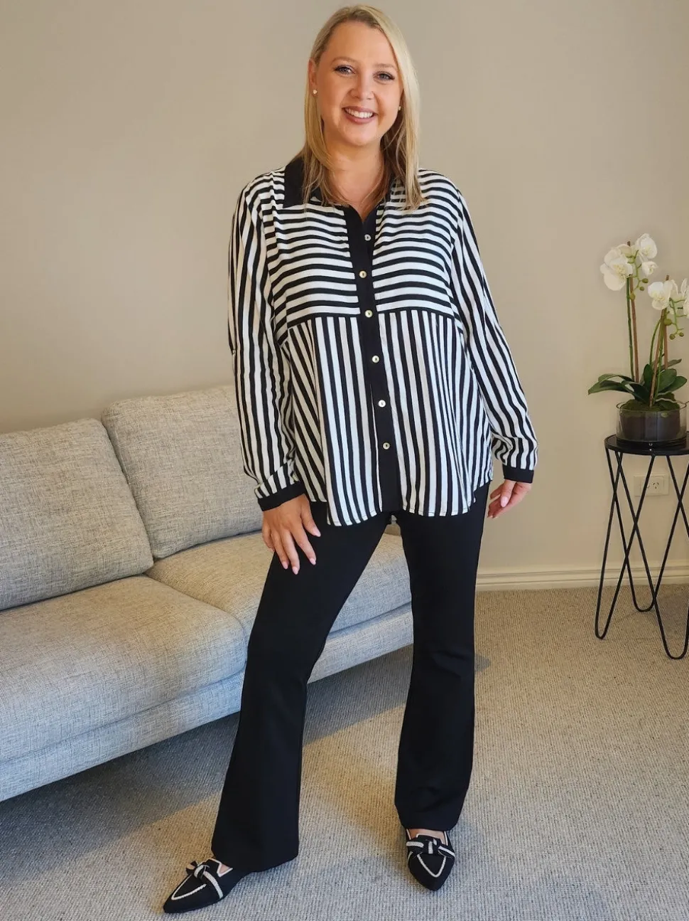 Emmie Stripe Print Shirt - Black/White