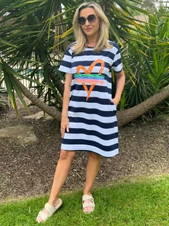 Heart Stripe Print Dress - Orange