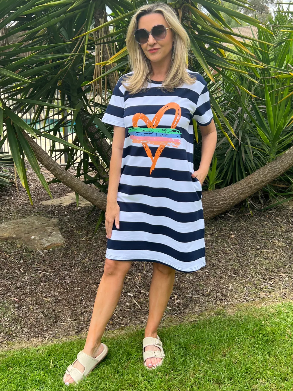 Heart Stripe Print Dress - Orange