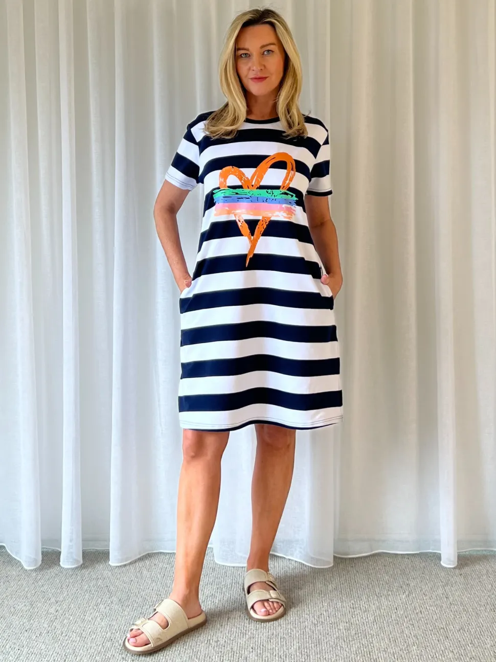Heart Stripe Print Dress - Orange