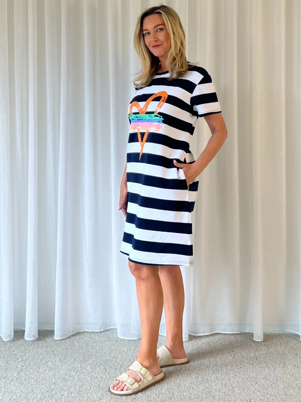 Heart Stripe Print Dress - Orange