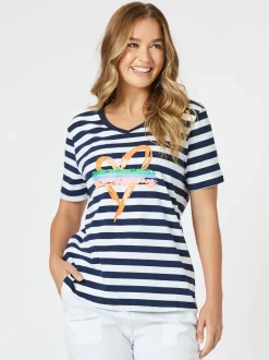 Heart Stripe Print Tee - Orange