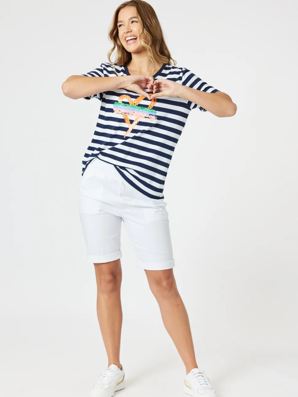 Heart Stripe Print Tee - Orange