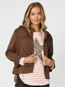 Military Style Denim Jacket - Chocolate