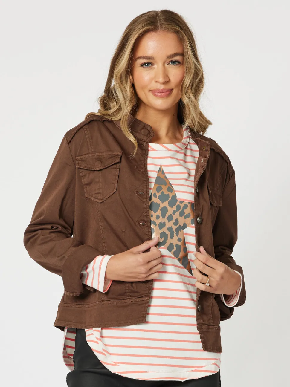 Military Style Denim Jacket - Chocolate