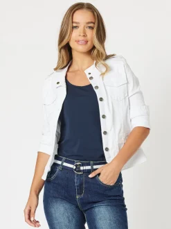 Military Style Denim Jacket - White