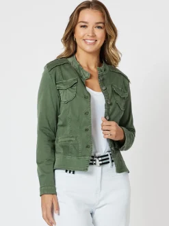 Military Style Denim Jacket - Khaki