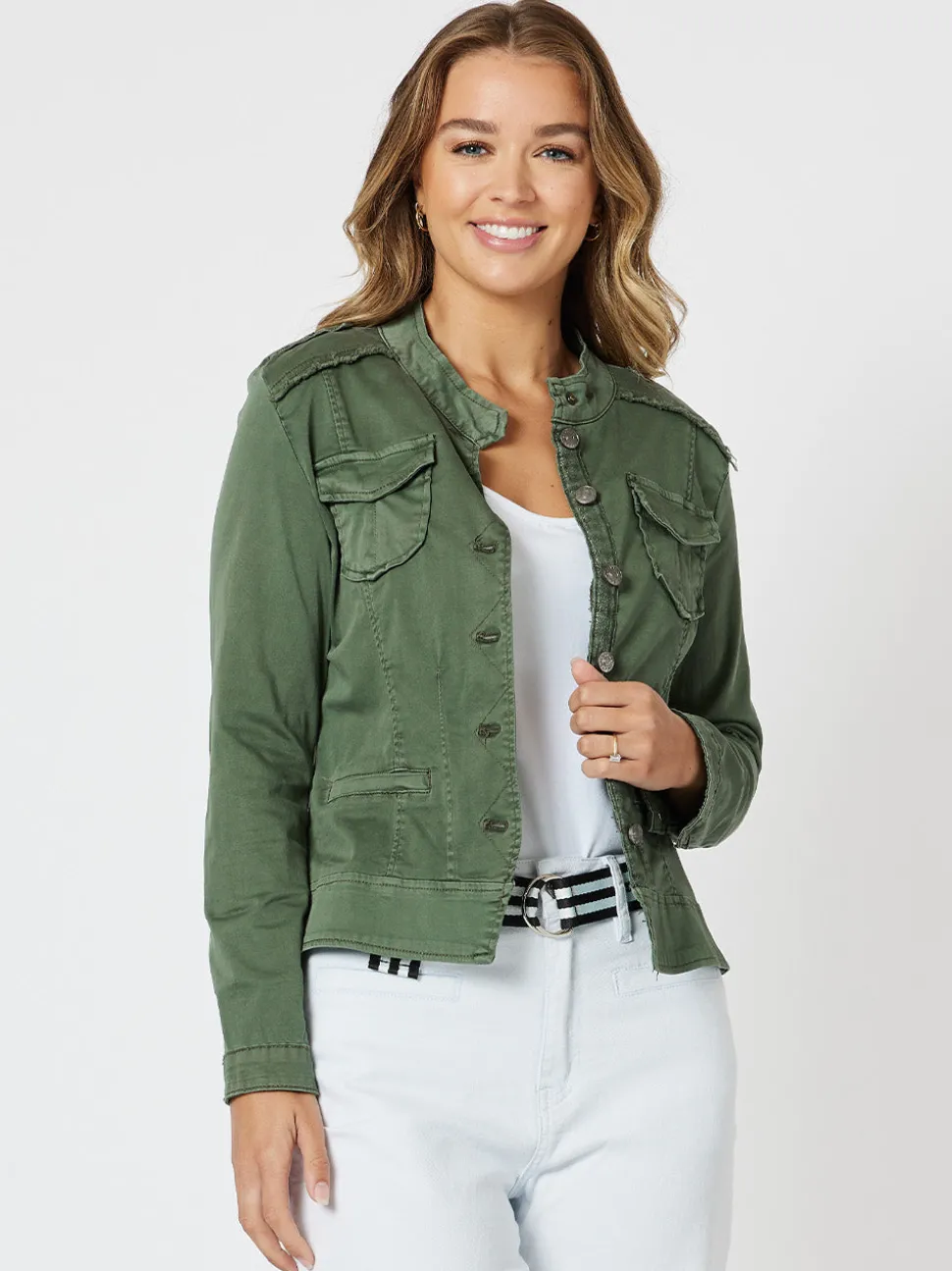 Military Style Denim Jacket - Khaki