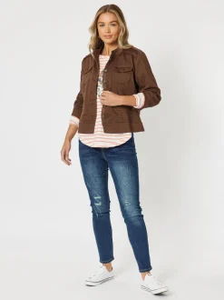 Military Style Denim Jacket - Chocolate
