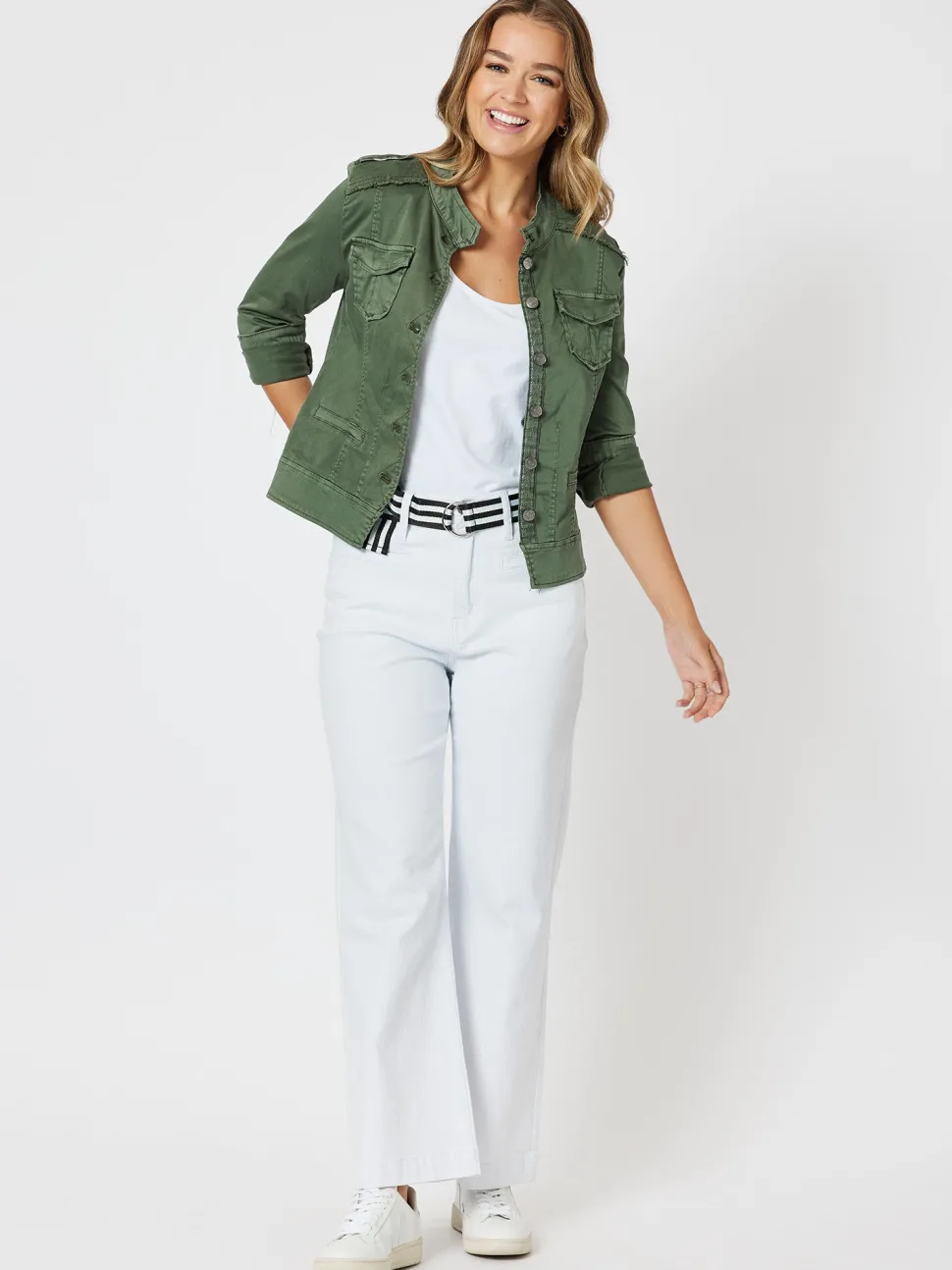 Military Style Denim Jacket - Khaki