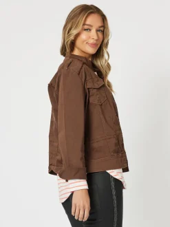 Military Style Denim Jacket - Chocolate