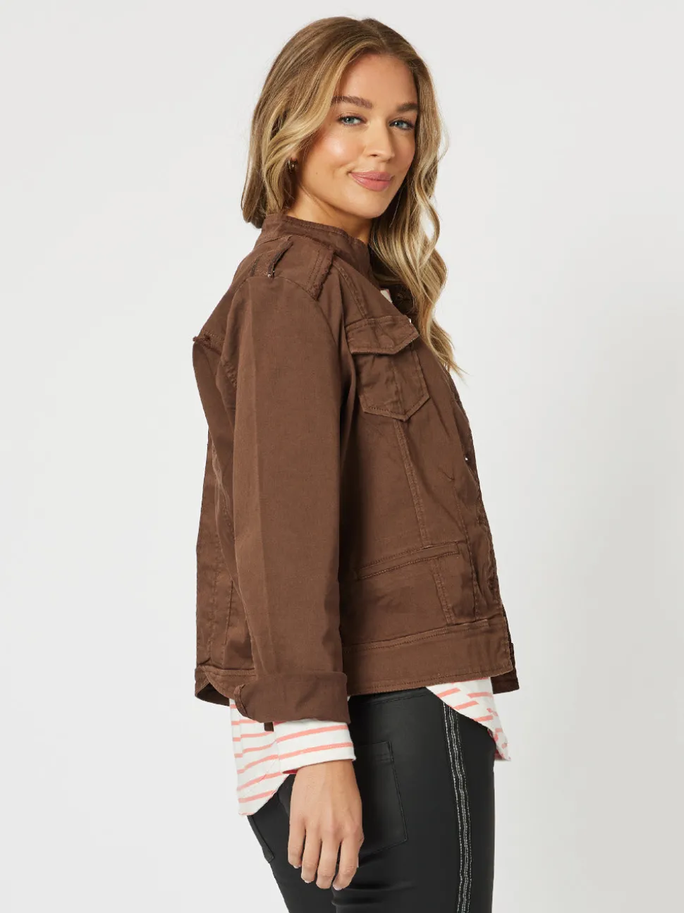 Military Style Denim Jacket - Chocolate