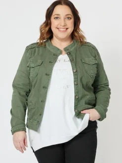 Military Style Denim Jacket - Khaki