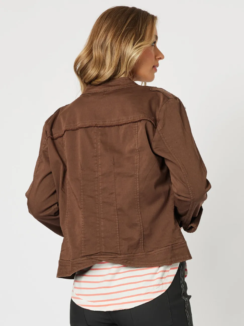 Military Style Denim Jacket - Chocolate
