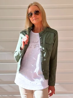Military Style Denim Jacket - Khaki