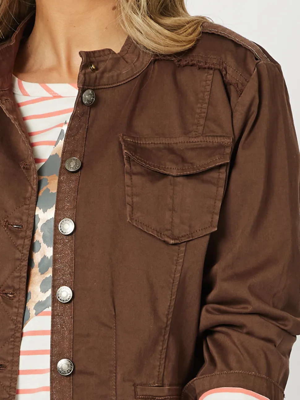 Military Style Denim Jacket - Chocolate