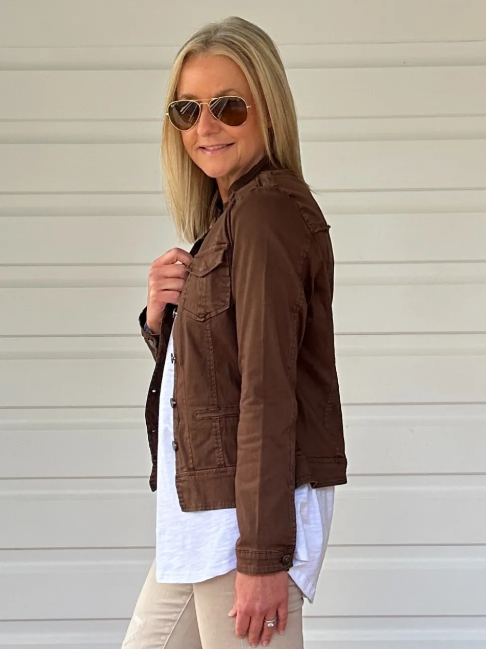 Military Style Denim Jacket - Chocolate