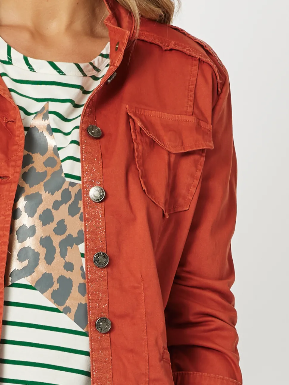 Military Style Denim Jacket - Maple