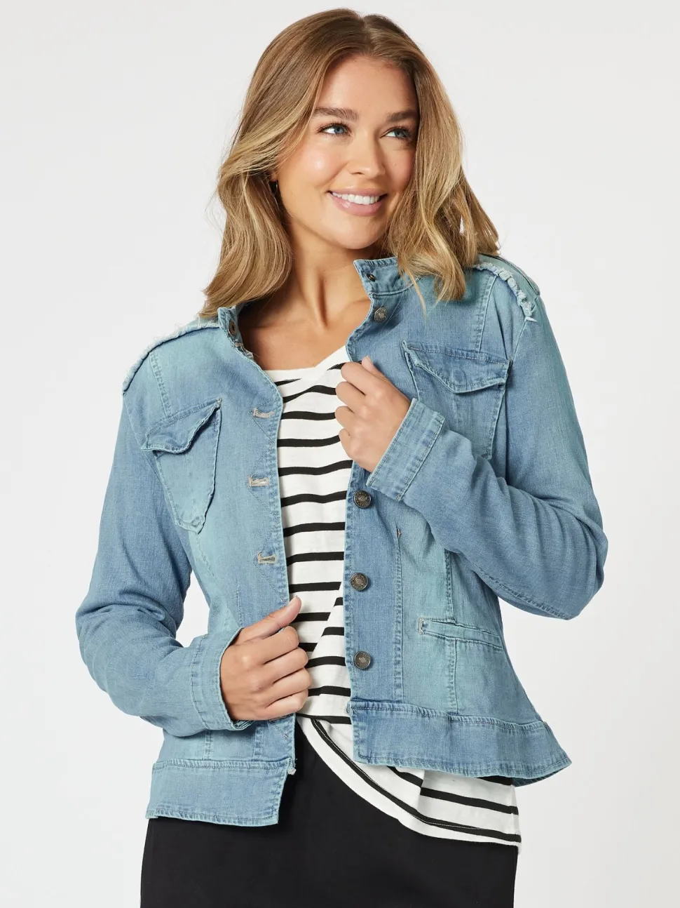 Military Style Denim Jacket - Denim
