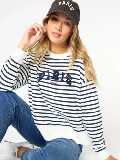 Paris Stripe Print Sweatshirt - Navy/White
