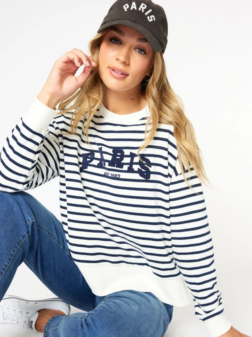 Paris Stripe Print Sweatshirt - Navy/White