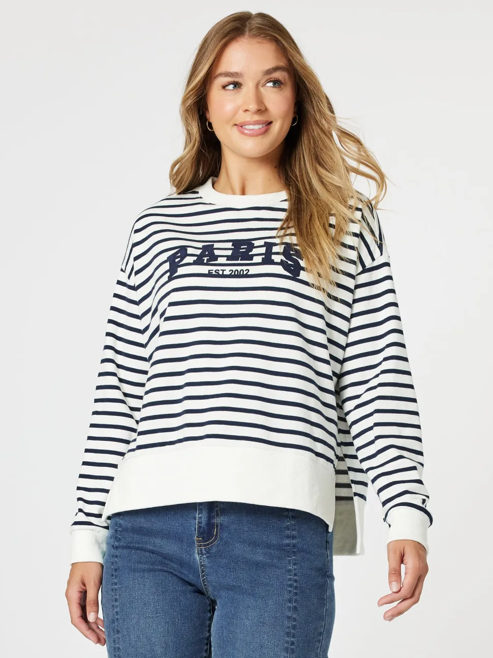 Paris Stripe Print Sweatshirt - Navy/White