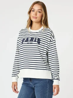 Paris Stripe Print Sweatshirt - Navy/White