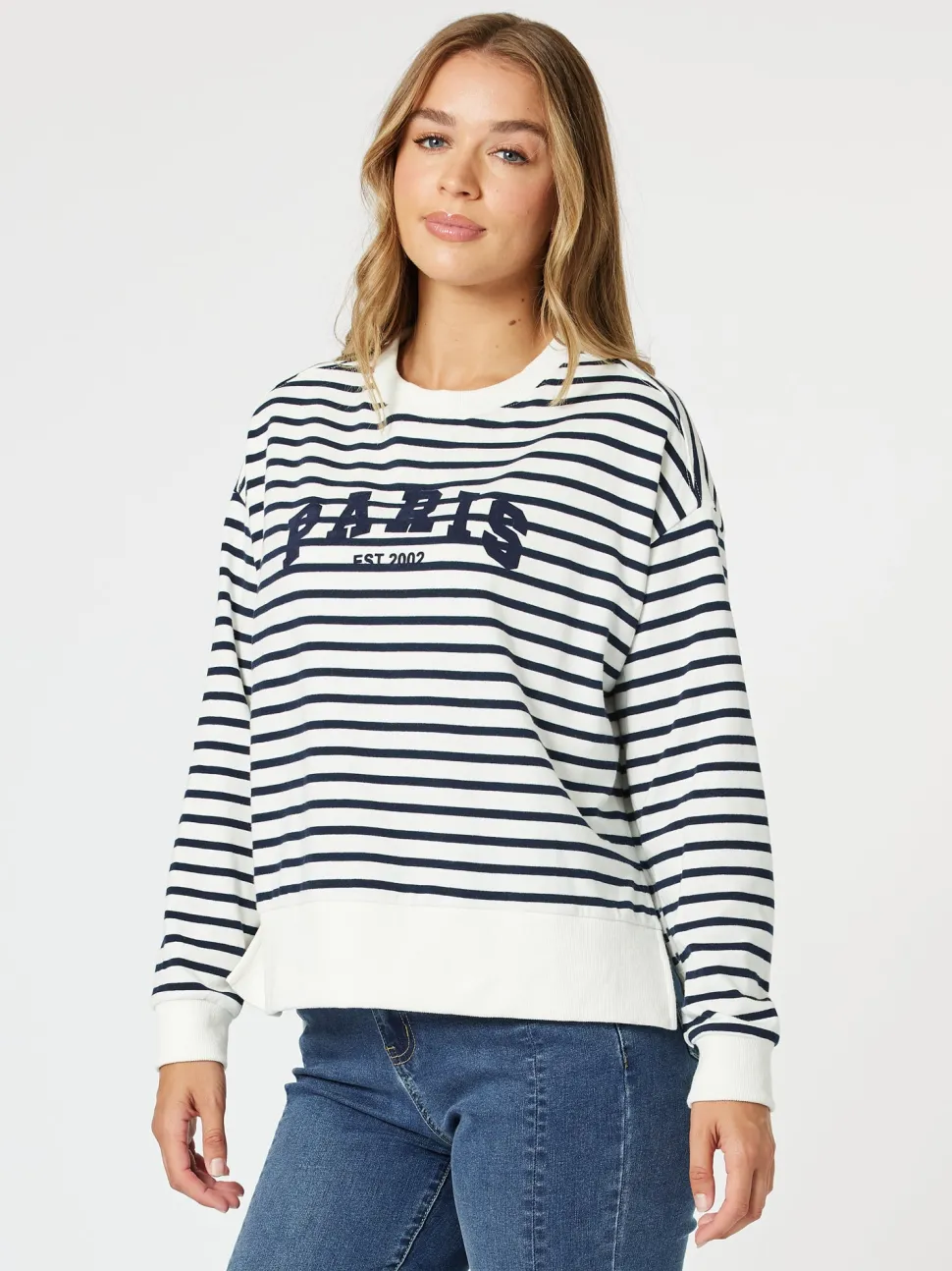 Paris Stripe Print Sweatshirt - Navy/White