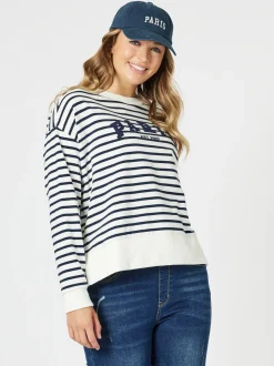 Paris Stripe Print Sweatshirt - Navy/White