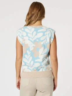 Pasadena Floral Print Knit Vest - Blue/Natural