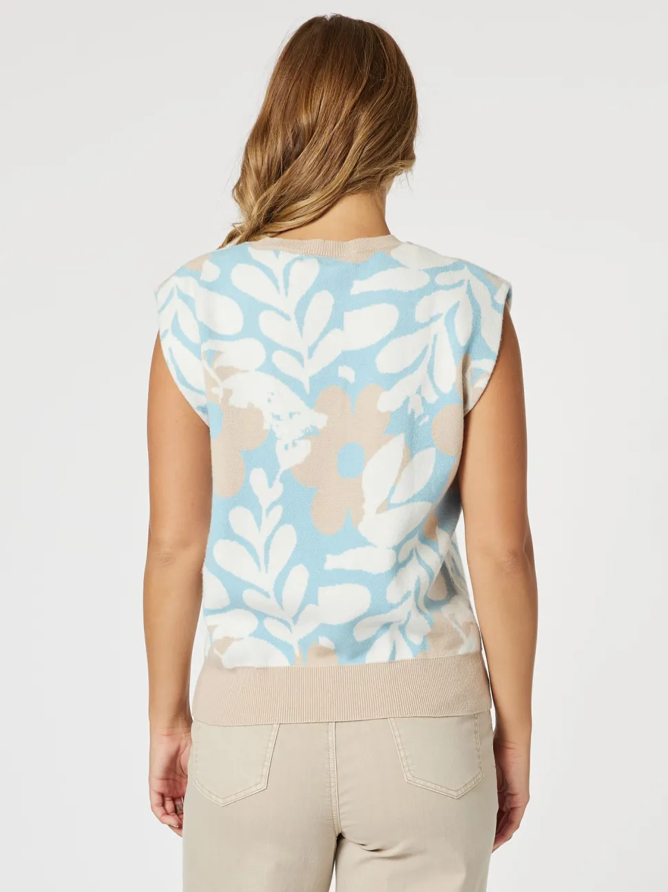 Pasadena Floral Print Knit Vest - Blue/Natural