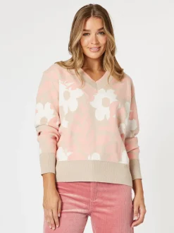 Pasadena V Neck Floral Print Knit - Coral/Natural