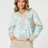 Pasadena V Neck Floral Print Knit - Blue/Natural
